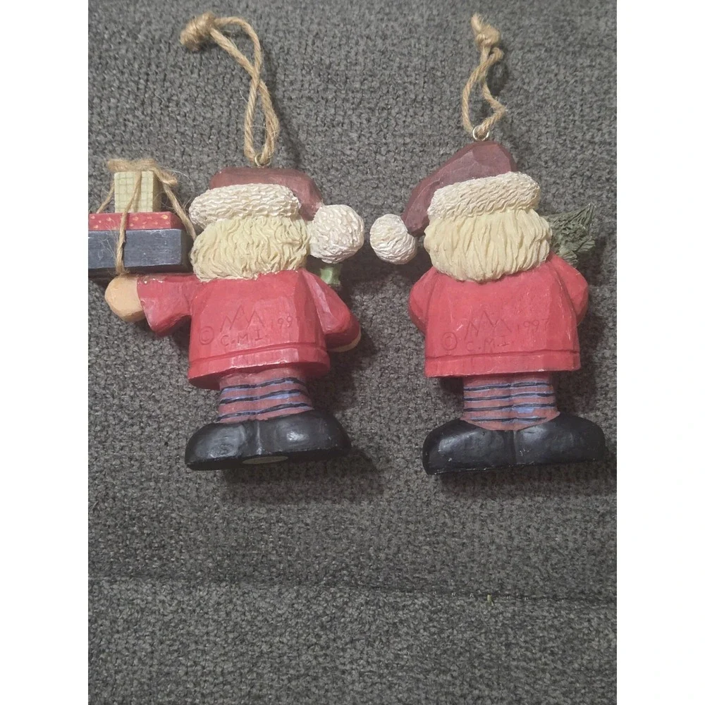 Set Of 2 Vintage 1997 Crazy Mountain Santa Claus Ornaments W/ Gifts & Tree 90s